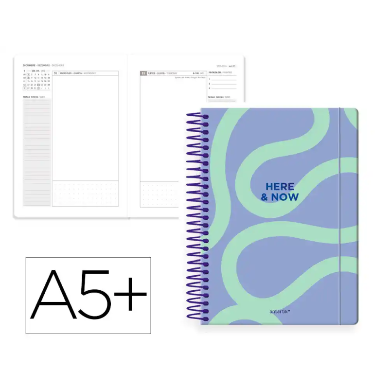 Agenda espiral antartik here and now a5+ 2026 día página morado papel 80g fsc