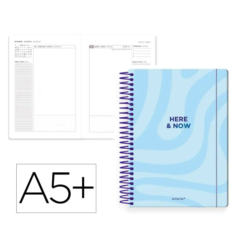 Agenda espiral antartik here and now a5+ 2026 día página azul claro papel 80g fsc