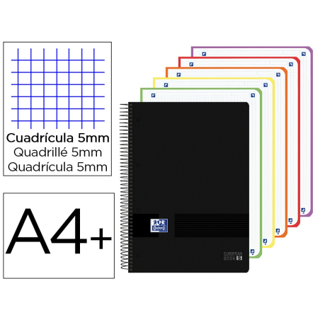 Cuaderno espiral oxford europeanbook 5 tapa plastico din a4+ 120 hojas cuadro 5 mm color negro