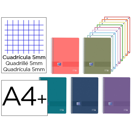 Cuaderno espiral oxford europeanbook 8 live&go tapa plastico din a4+ 160 hojas cuadro 5 mm colores surtidos