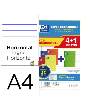 Cuaderno espiral oxford tapa extradura folio 80 hojas 90 gr rayado horizontal colores vivos pack de 4+1 unidades