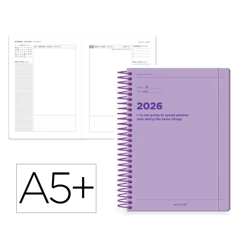 Agenda espiral antartik manifest a5+ 2026 día página morado papel 80g fsc