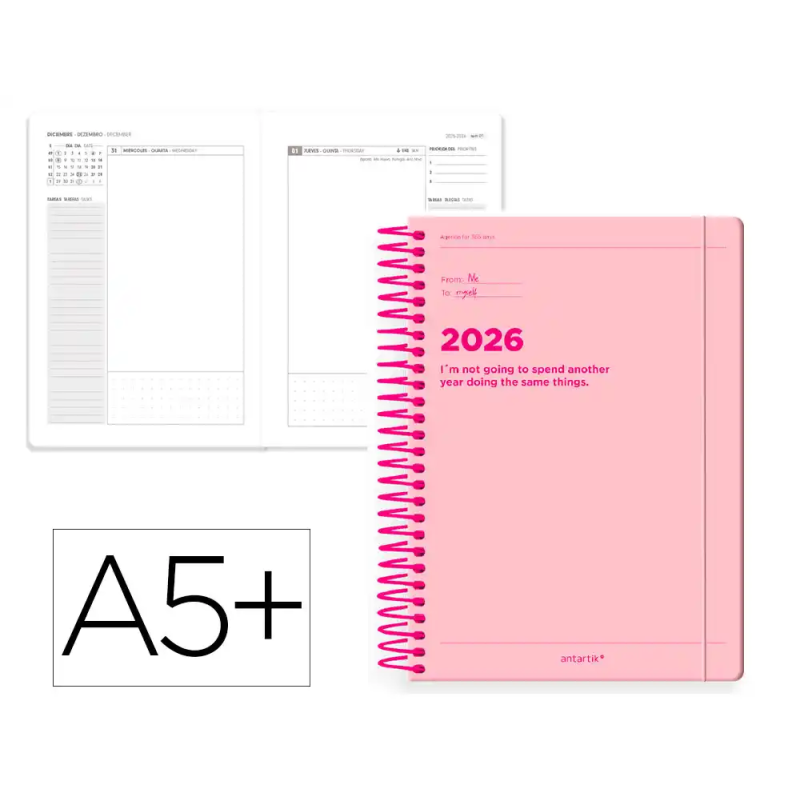 Agenda espiral antartik manifest a5+ 2026 día página rosa papel 80g fsc