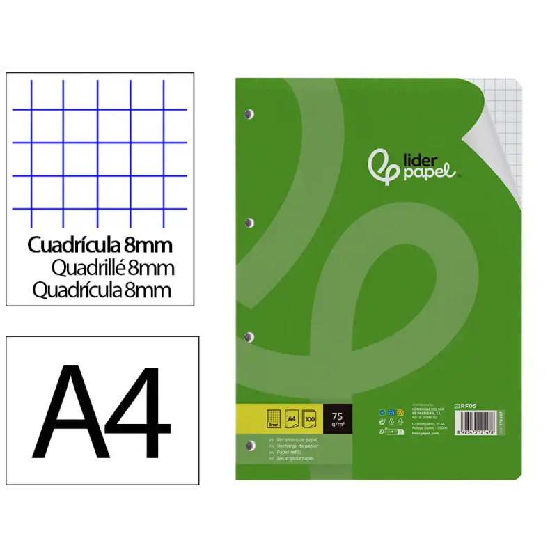 Recambio liderpapel a4 100 hojas 75gr cuadro 8mm con margen 4 taladros