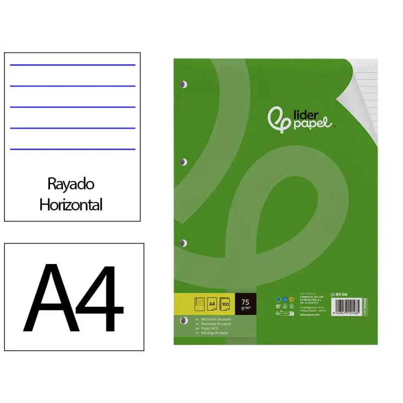 Recambio liderpapel a4 100 hojas 75gr horizontal con margen 4 taladros