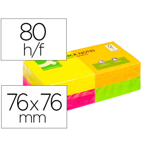 Bloc de notas adhesivas quita y pon q-connect 76x76 mm con 80 hojas fluorescentes pack de 12 surtidas en 4 colores