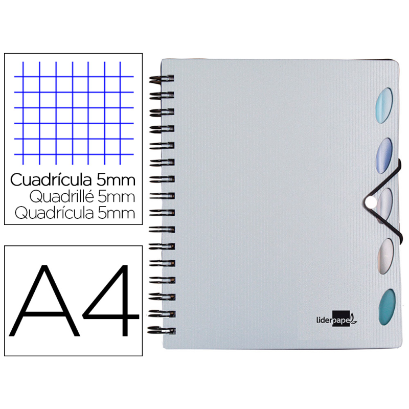 Cuaderno espiral liderpapel a4 micro executive tapa plastico 100h 80gr cuadro 5mm 5 sep aradores con gomilla plata