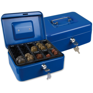 Caja caudales q-connect 8/' 200x160x90 mm azul con portamonedas