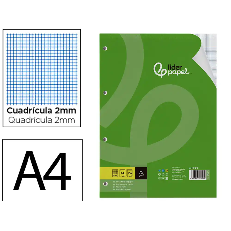 Recambio liderpapel a4 100 hojas 75gr milimetrado 2 mm sin margen 4 taladros