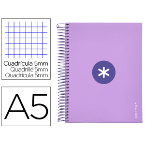 Cuaderno espiral a5 micro antartik tapa forrada120h 90 gr cuadro 5mm 5 banda 6 taladros color lavanda