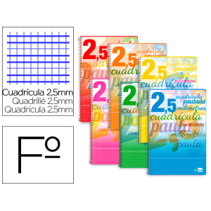 Cuaderno espiral liderpapel folio pautaguia tapa blanda 80h 75gr cuadro pautado 2,5mm con margen colores surtidos