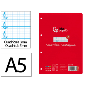Recambio liderpapel cuarto pautaguia 100 hojas 75gr cuadriculado pautado 5 mm con margen 6 taladros