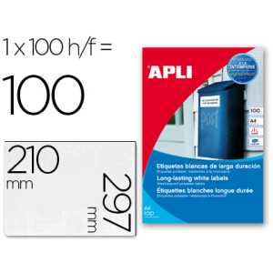 Etiqueta adhesiva apli poliester 210x297 mm resistente a la interperie laser pack de 100 hojas