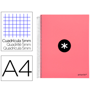 Cuaderno espiral a4 micro antartik tapa forrada 120h 90 gr cuadro 5mm 5 bandas 4 taladros color coral