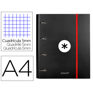 Carpeta con recambio antartik a4 cuadro 5mm forrada 4 anillas 40mm redondas con solapa color negro