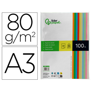 Papel color liderpapel a3 80gr 10 colores surtidos paquete 100 hojas