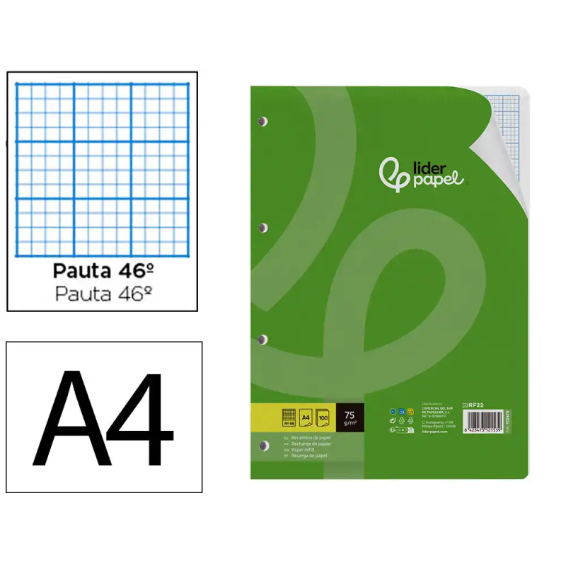 Recambio liderpapel a4 100 hojas 75gr rayado nº46 4 taladros