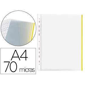 Funda multitaladro q-connect din a4 70 mc pp cristal con borde amarillo bolsa de 10 unidades