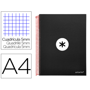 Cuaderno espiral a4 micro antartik tapa forrada 120h 90 gr cuadro 5mm 5 bandas 4 taladros color negro