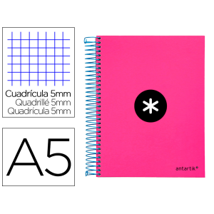 Cuaderno espiral a5 micro antartik tapa forrada 120h 90 gr cuadro 5mm 5 banda s 6 taladros color rosa