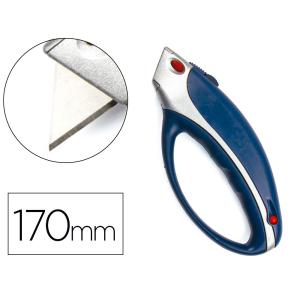 Cuter q-connect xs6200 metalico ancho azul y gris con mango de plastico y compartimento para cuchillas