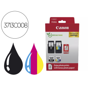 Ink-jet canon photo value pack pg-560 + cl561 + 50 hojas papel foto glossy 10x15 cm