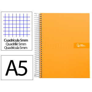 Cuaderno espiral liderpapel a5 micro crafty tapa forrada 120h 90gr cuadro 5mm 5 bandas 6 taladros color naranja