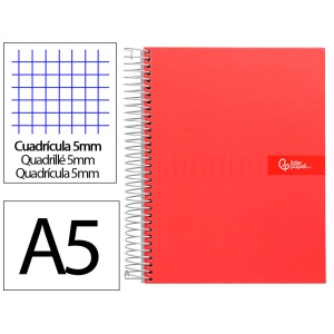 Cuaderno espiral liderpapel a5 micro crafty tapa forrada 120h 90gr cuadro 5mm 5 bandas 6 taladros color rojo