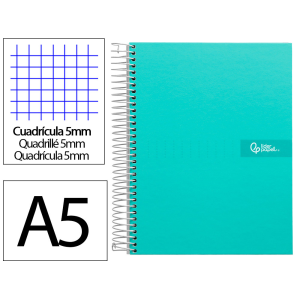 Cuaderno espiral liderpapel a5 micro crafty tapa forrada 120h 90gr cuadro 5mm 5 bandas 6 taladros color turquesa
