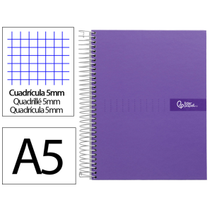 Cuaderno espiral liderpapel a5 micro crafty tapa forrada 120h 90gr cuadro 5mm 5 bandas 6 taladros color violeta