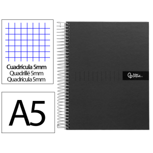 Cuaderno espiral liderpapel a5 micro crafty tapa forrada 120h 90gr cuadro 5mm 5 bandas 6 taladros color negro