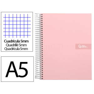 Cuaderno espiral liderpapel a5 micro crafty tapa forrada 120h 90gr cuadro 5mm 5 bandas 6 taladros color rosa
