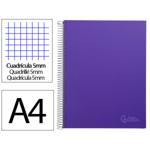 Cuaderno espiral liderpapel a4 micro jolly tapa forrada 140h 75gr cuadro 5mm 5 bandas 4 taladros color lila