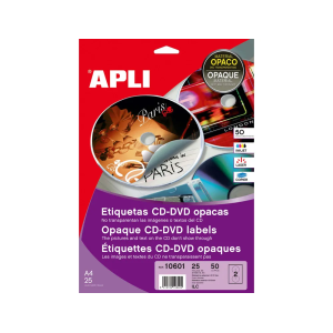 Etiqueta adhesiva apli 10601 tamaño cd-rom 117 mm blanca opaca fotocopiadora laser ink-jet caja de 25 hojas/50