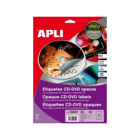 Etiqueta adhesiva apli 10601 tamaño cd-rom 117 mm blanca opaca fotocopiadora laser ink-jet caja de 25 hojas/50