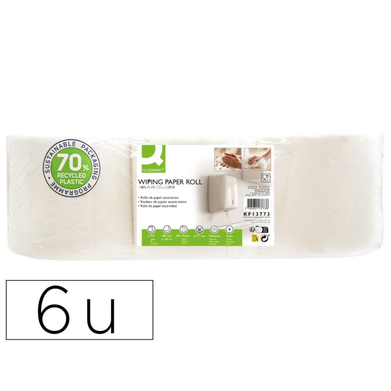 Papel secamanos q-connect celulosa virgen 17 g 2 capas 180 mm x 143 m paquete de 6 rollos