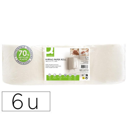 Papel secamanos q-connect celulosa virgen 17 g 2 capas 180 mm x 143 m paquete de 6 rollos