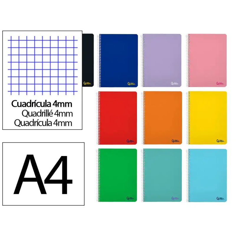 Cuaderno espiral liderpapel a4 micro smart tapa blanda 80h 75gr cuadro 5mm doble margen 4 taladros colores