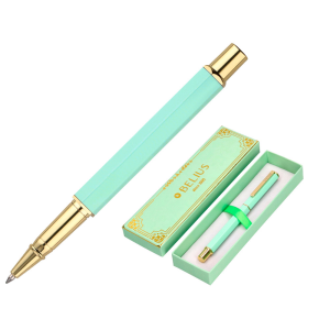 Boligrafo belius macaron bliss forma hexagonal color verde dorado tinta azul caja de diseño