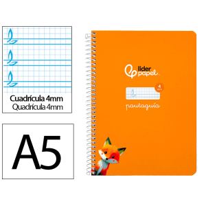 Cuaderno espiral liderpapel a5 pautaguia tapa dura 80h 90gr cuadro pautado 4mm color naranja