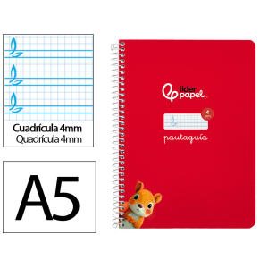 Cuaderno espiral liderpapel a5 pautaguia tapa dura 80h 90gr cuadro pautado 4mm color rojo