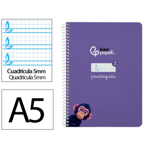 Cuaderno espiral liderpapel a5 pautaguia tapa dura 80h 90gr cuadro pautado 5mm color lila