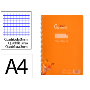 Cuaderno espiral liderpapel a4 pautaguia tapa plastico 80h 90gr cuadro pautado 3mm con margen color naranja