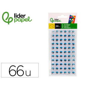 Ojo adhesivo liderpapel 10 mm con pupila negra y pestaña de color azul pack de 66 unidades