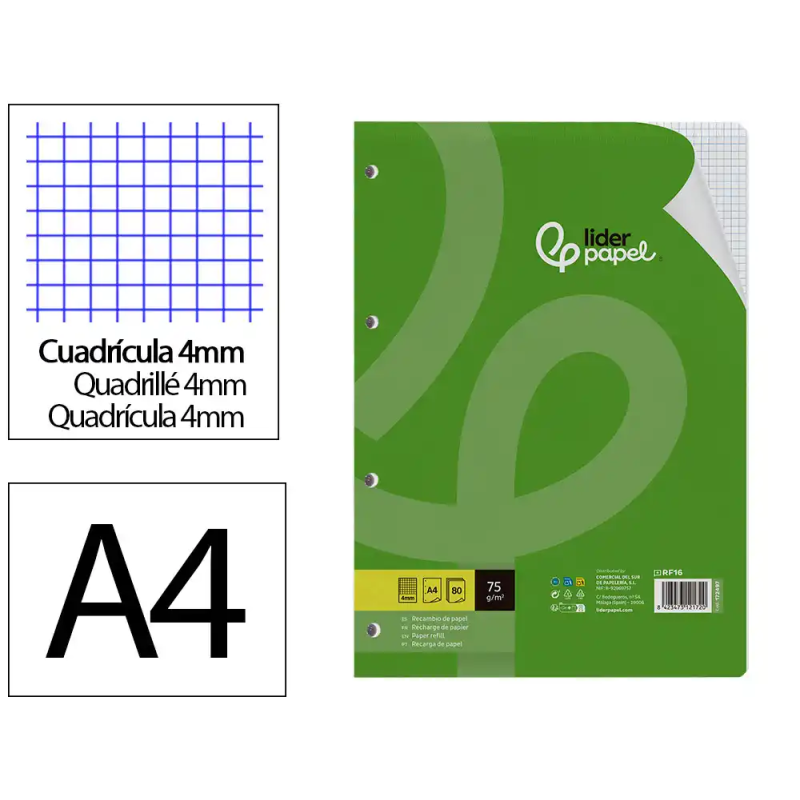 Recambio liderpapel a4 80 hojas 75gr cuadro 4 mm con margen 4 taladros