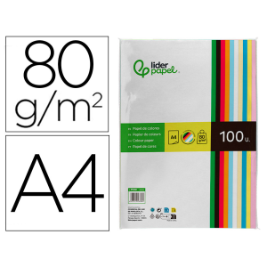 Papel color liderpapel a4 80gr 10 colores surtidos paquete de 100 hojas