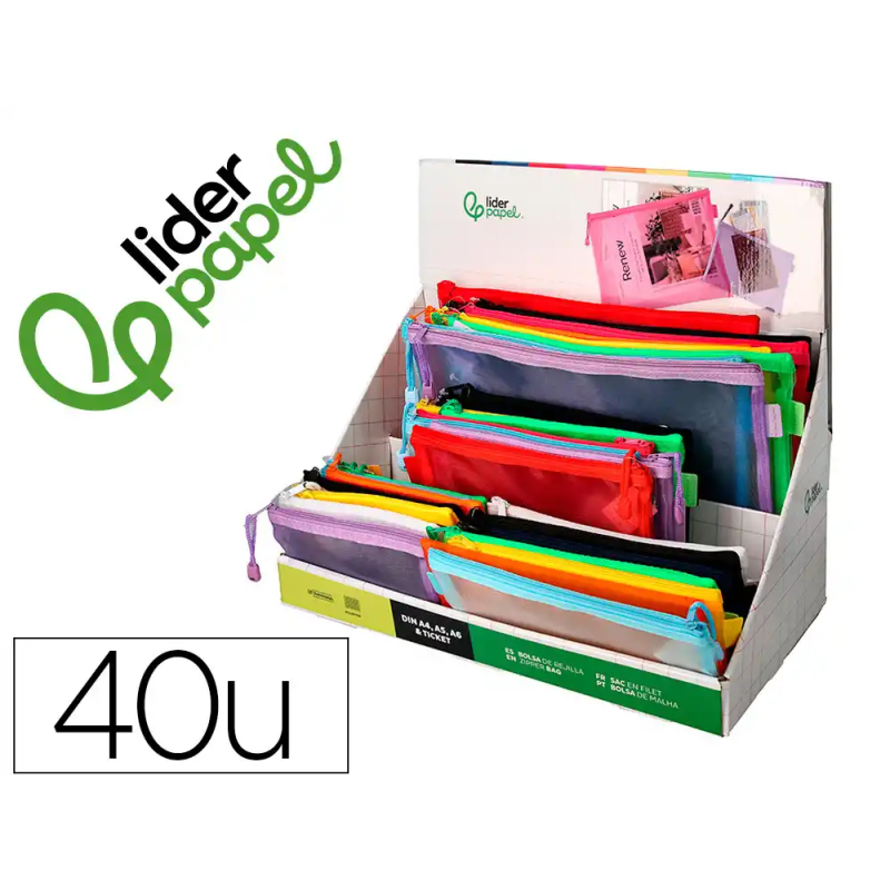 Bolsa zipper bag liderpapel poliester transpirable multiusos expositor de 40 unidades tamaños y colores