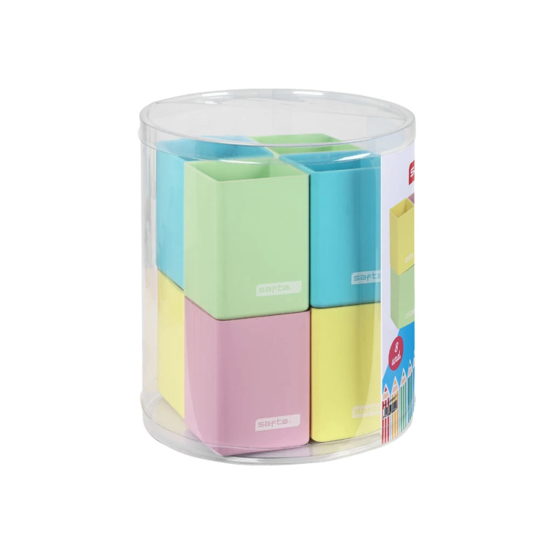 Bolso escolar safta portatodo cuadrado silicona cubilete expositor de 8 unidades 195x230 mm