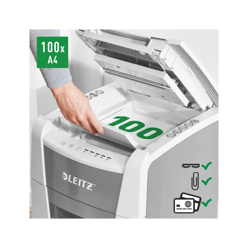 Destructora de documentos leitz iq auto+ 100 capacidad de corte 100 hojas destruye grapas y clips
