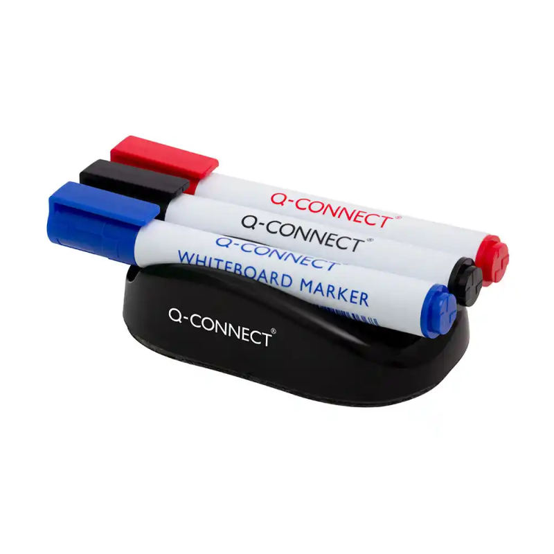 Borrador q-connect magnetico para pizarra blanca con 3 rotuladores azul negro y rojo